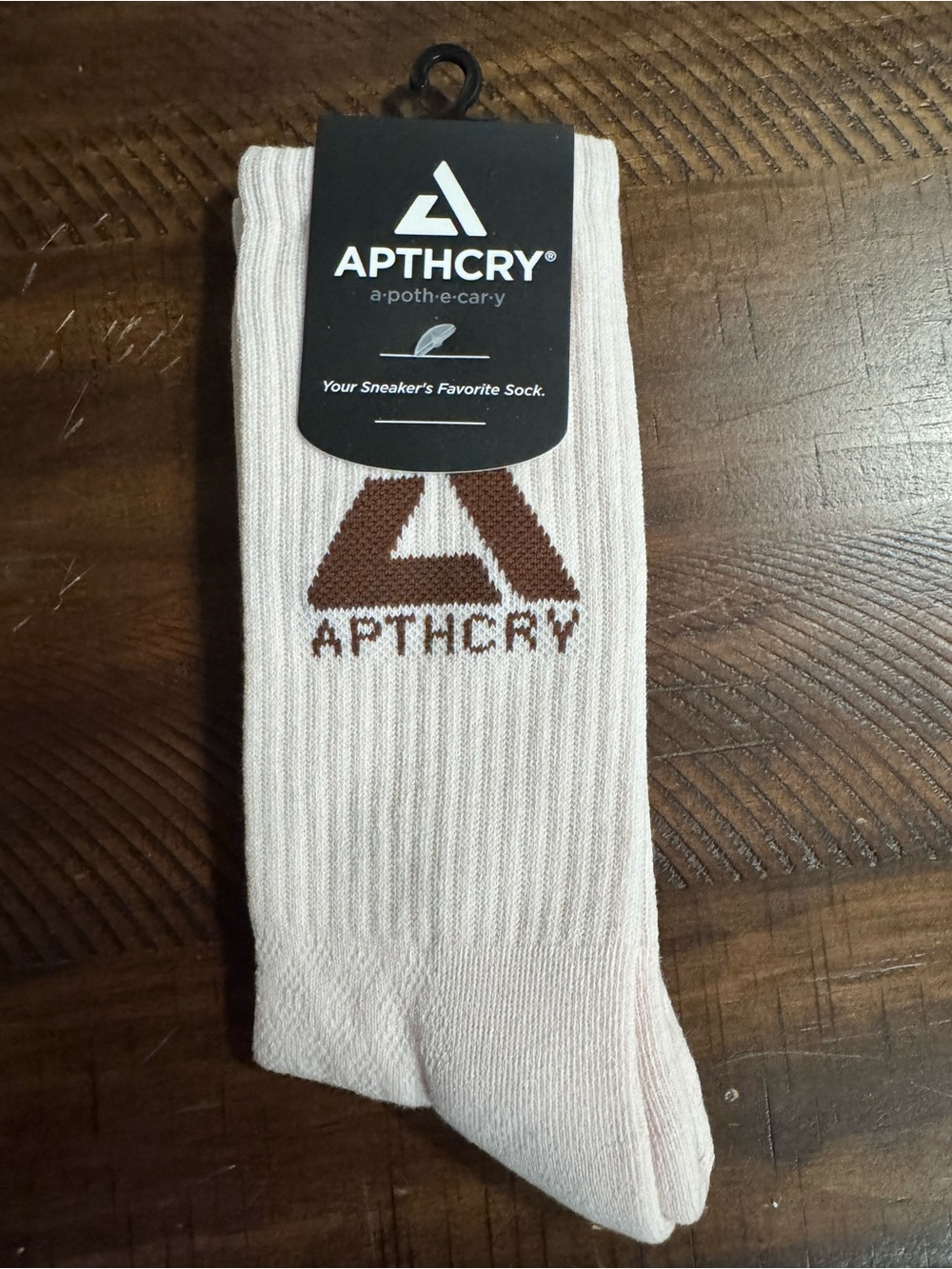 APTHCRY Men's Crew Socks in Cream/Tan with Brown Logo